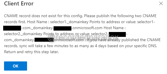 Microsoft 365 Defender Enable Sign messages for this domain with DKIM signatures error