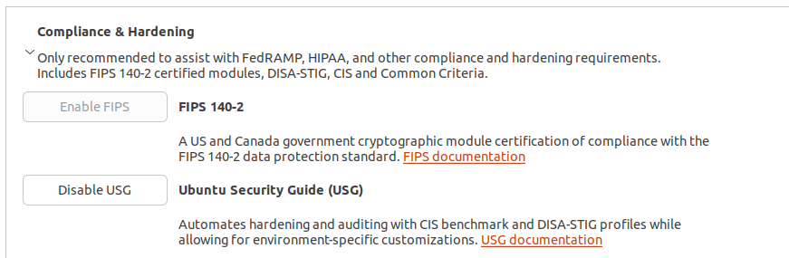 Compliance and hardening panel showing FIPS 140-2 and USG