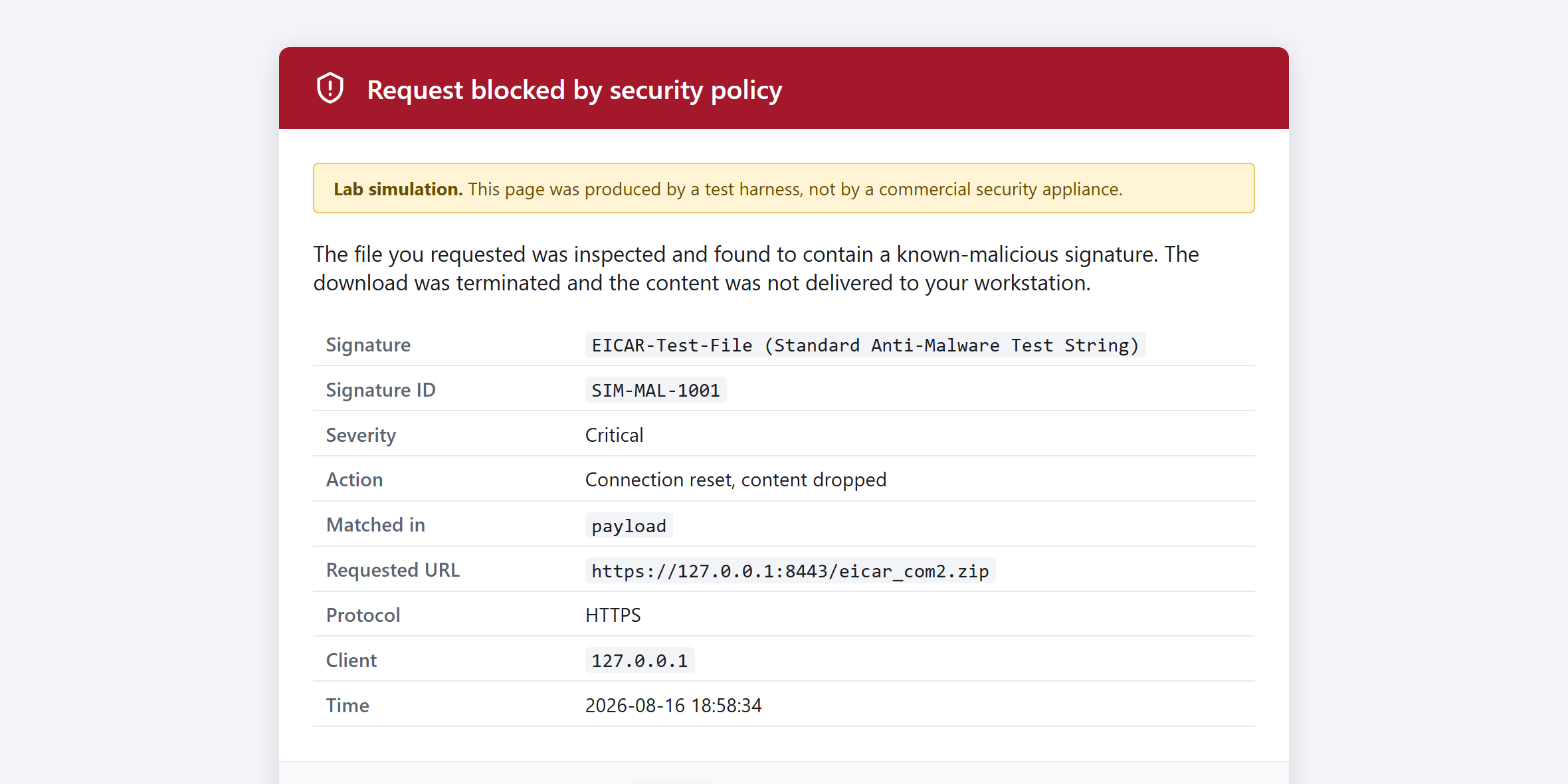Interception page for a nested ZIP archive showing the match path recorded through both container layers