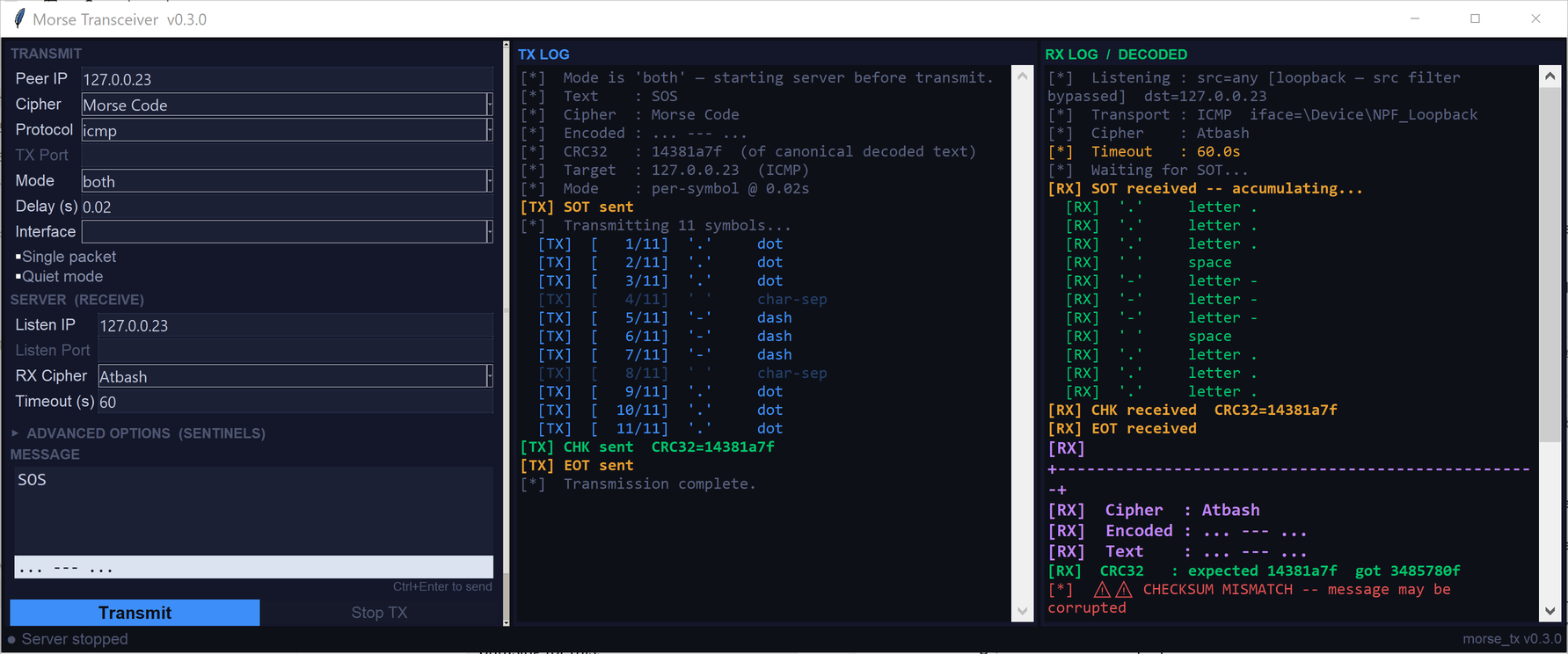 A deliberate cipher mismatch between the transmit and receive sides, caught by the CRC32 check