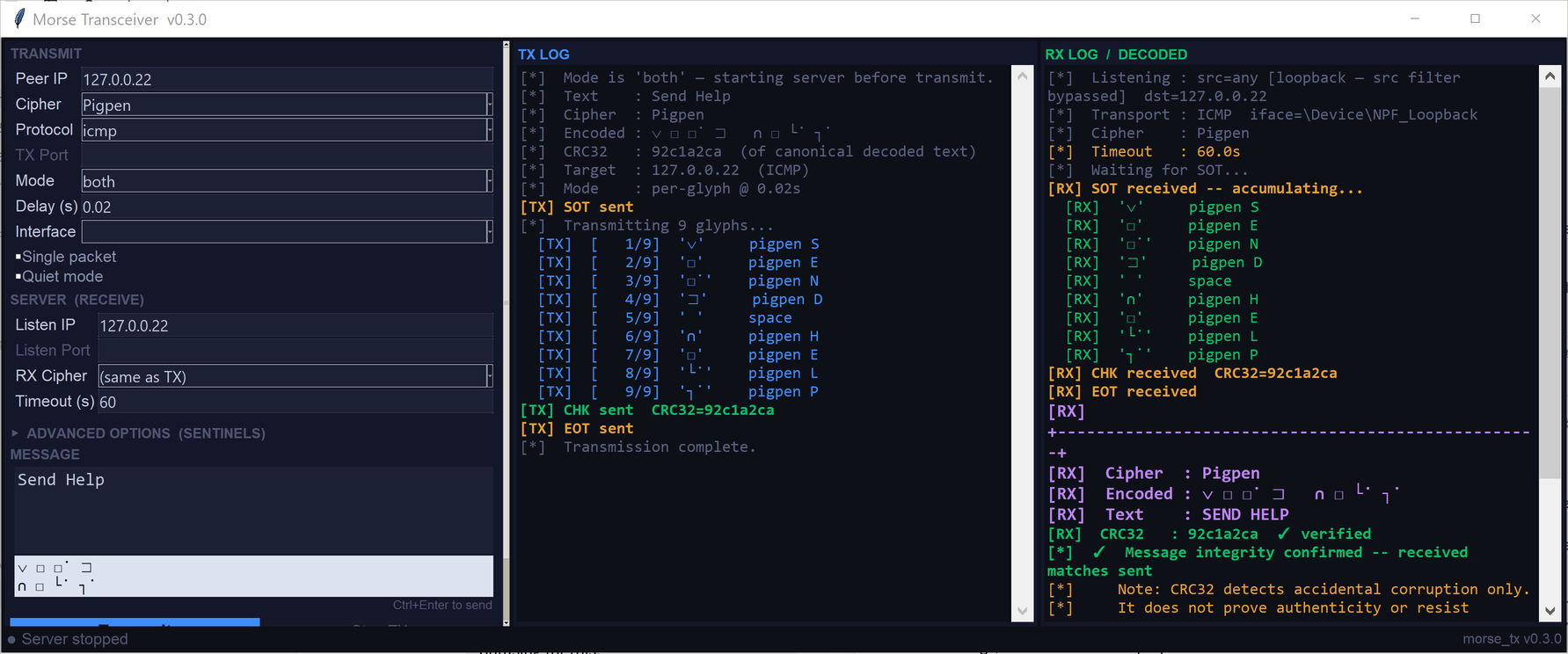 The same tool running the Pigpen cipher, showing geometric glyph units on the wire and a verified CRC32 checksum