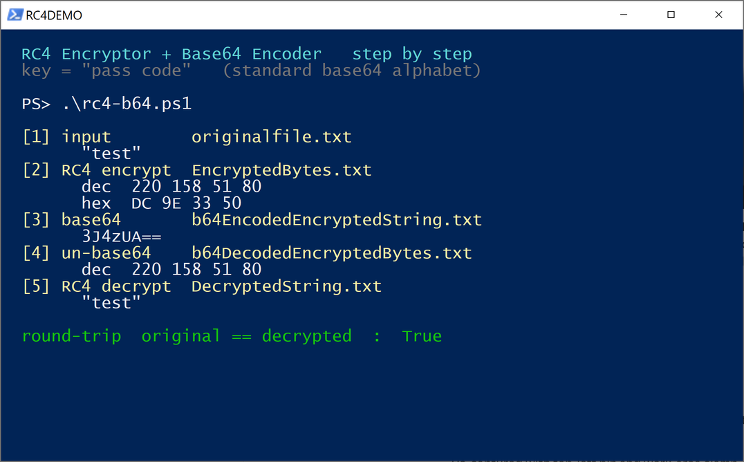 PowerShell session running rc4-b64.ps1 on the word test, showing the RC4 ciphertext bytes DC 9E 33 50, the base64 string 3J4zUA==, and a successful round-trip back to test