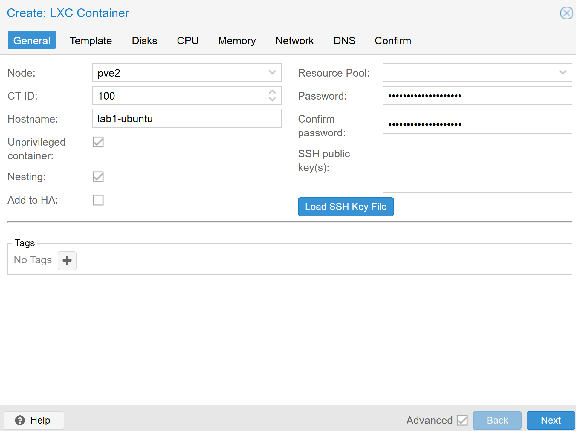 Create LXC Container: General