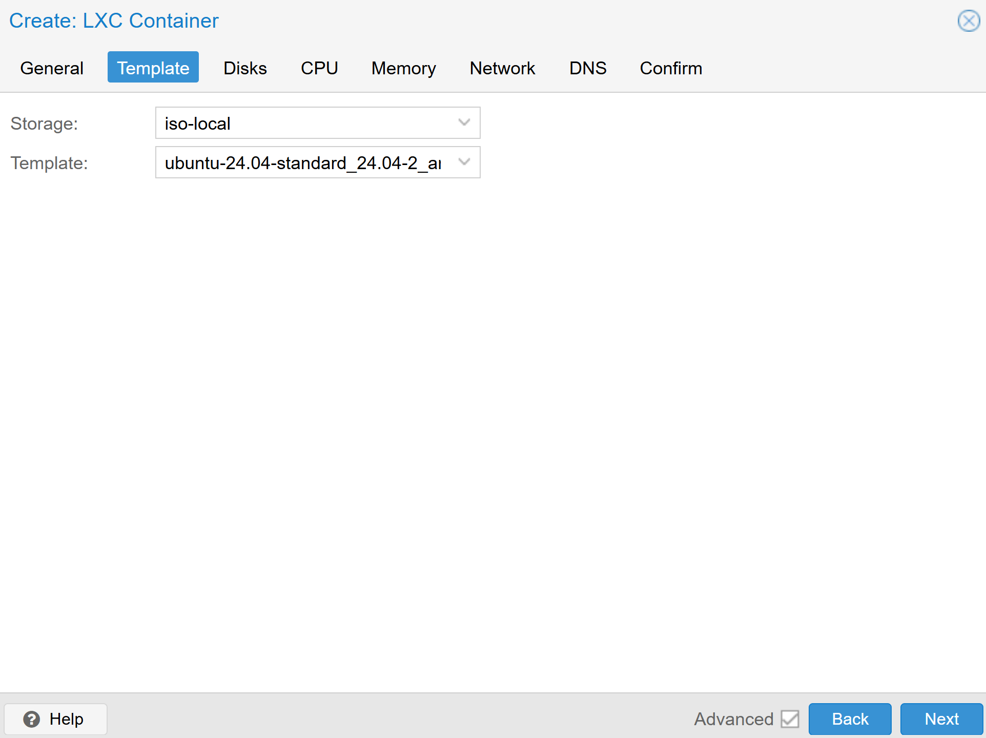 Create LXC Container: Template